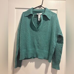 Beach Riot Teal Open-Knit Collared V-Neck Sweater
